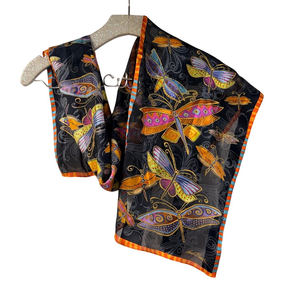 Laurel Burch Semi Sheer 100% Silk Scarf Dragonflies Colorful